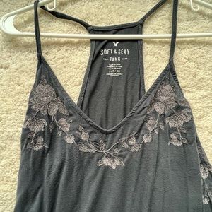 Gray with purple tones, floral embellished tank